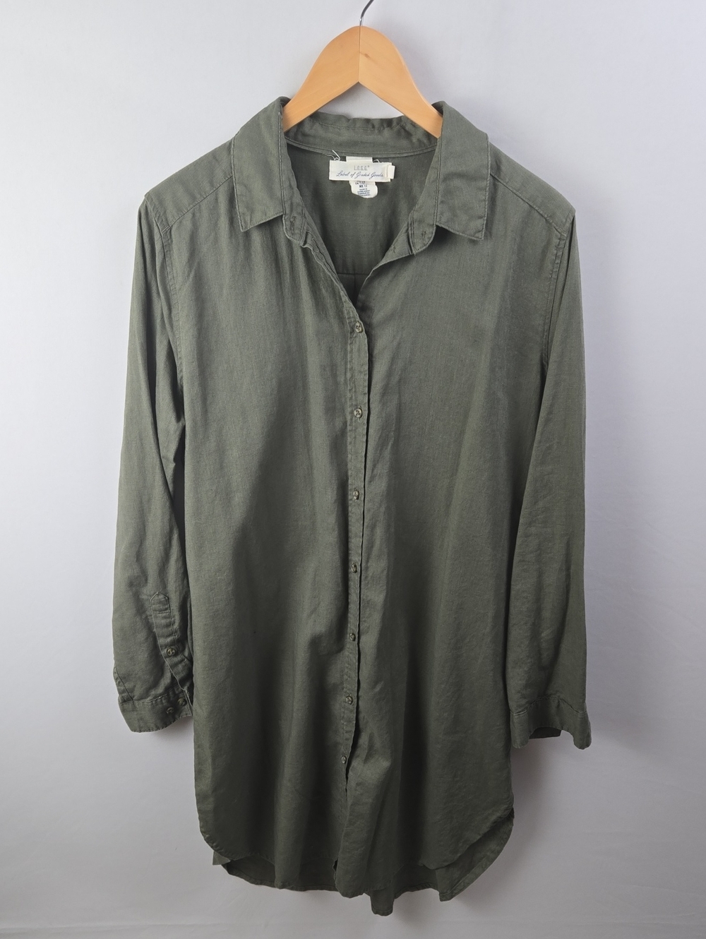 L.O.G.G Linen Cotton Blend Olive Button-Up Tunic Shirt Sz 12 Coastal Beachy